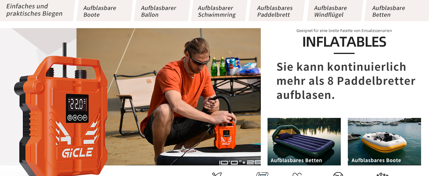 Насос для SUP дошки GICLE 22PSI, електричний, 12V, для надувних SUP дошок, човнів, наметів, помаранчевий