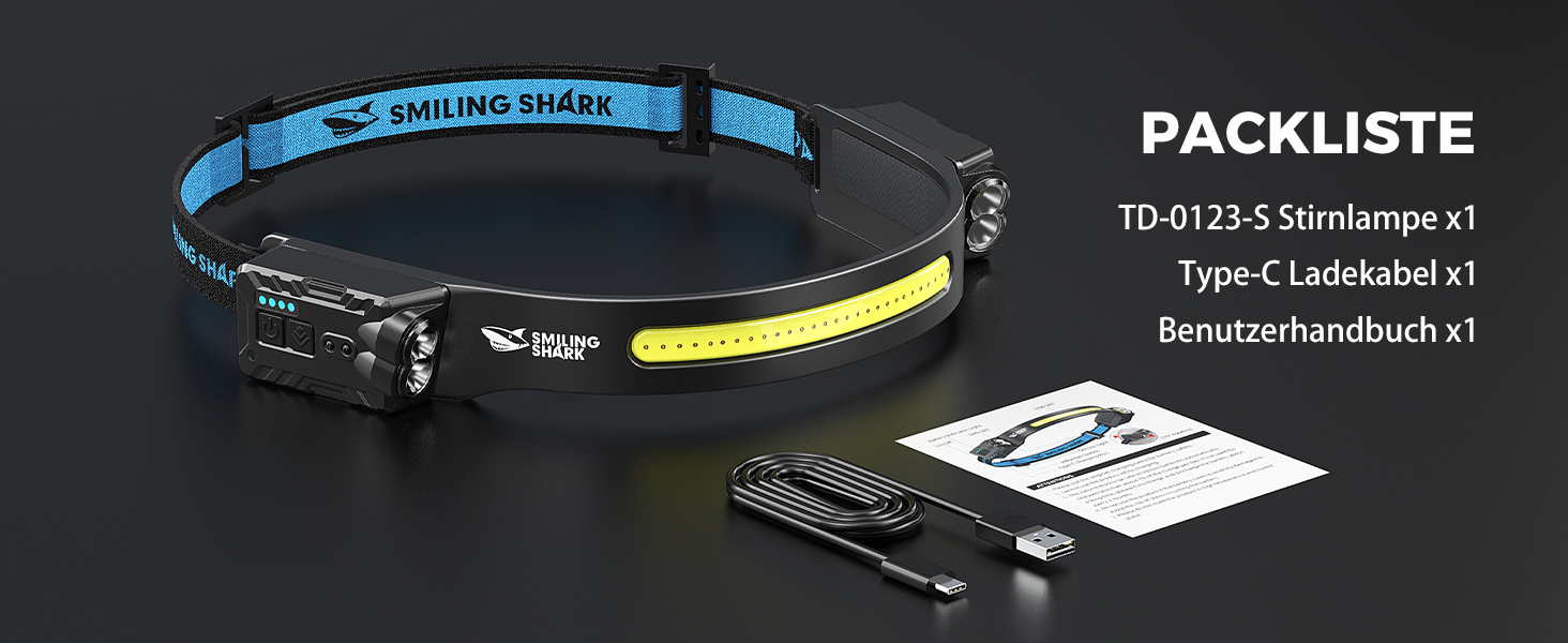 Налобний ліхтар Smiling Shark 2400mAh з 315° поворотом, 2 світлодіоди, сенсор руху, мультимодний, для кемпінгу та туризму