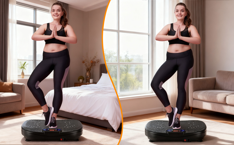 Вібраційна платформа для дому - тренажер для схуднення та формування тіла з 120 рівнями, 5 режимами, з еластичними стрічками та пультом дистанційного керування, для спалювання жиру та нарощування м'язів, ідеально для дому та домашнього спортзалу, чорного кольору