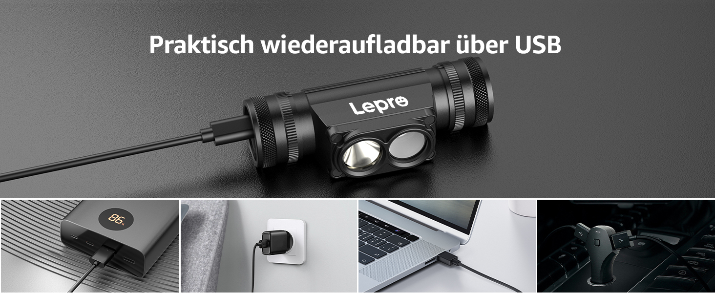 Ліхтар на лоб Lepro, акумуляторний, IP65, 1000 люмен, знімний LED, червоне світло, 6 режимів, для кемпінгу, спорту, риболовлі, майстерні, з USB-C кабелем