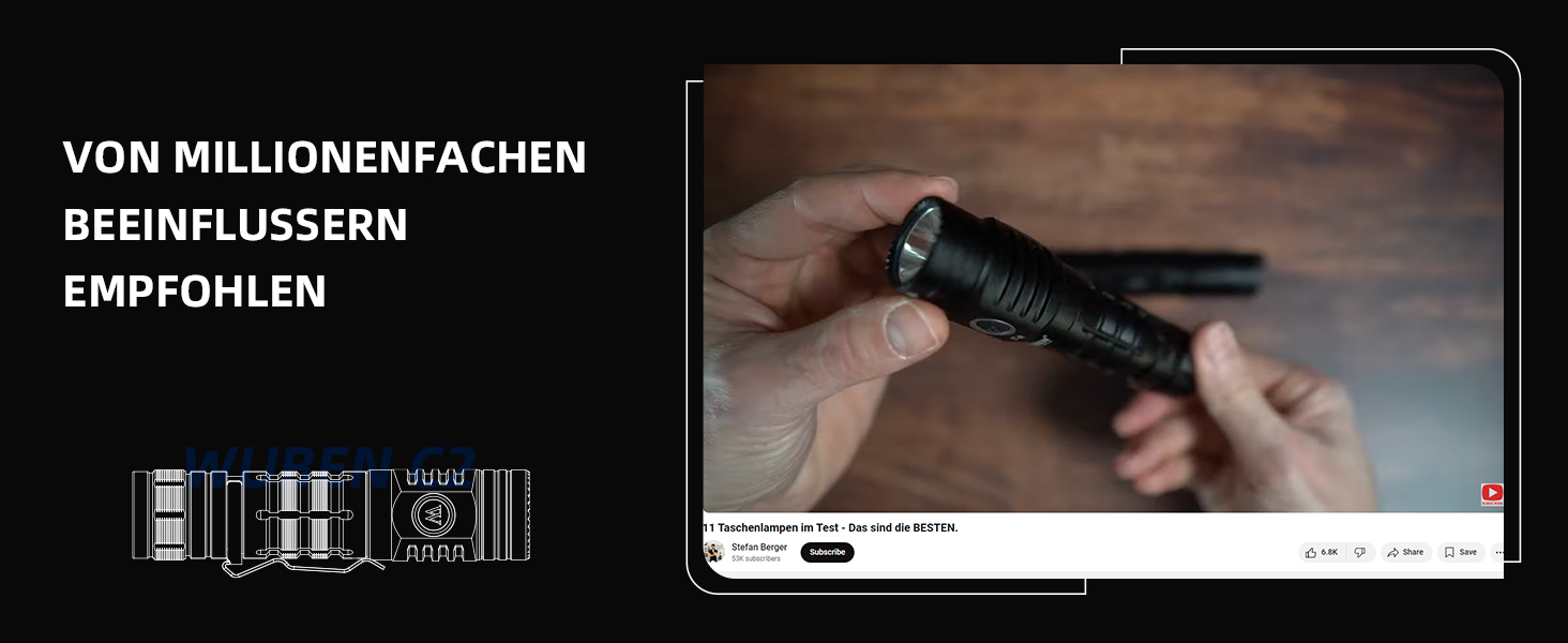 Ліхтарик WUBEN C2 LED: 2000 люмен, USB зарядка, тактичний, водонепроникний IP68, 4800mAh, 7 режимів, 6500K