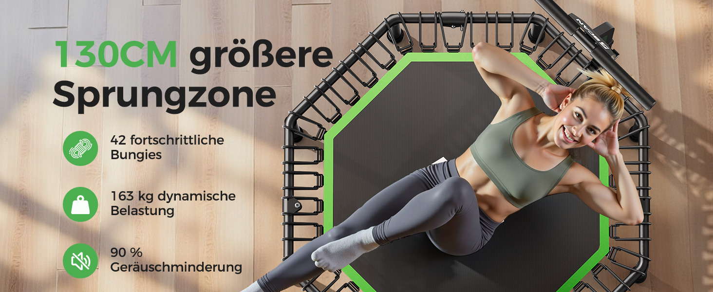 Трамплін для фітнесу BCAN, діаметр 102/122/130 см, з пружинами/ bungee-шнурами, для дорослих до 250 кг, з регульованими ручками, тихий та з низькою вібрацією, зелений/чорний