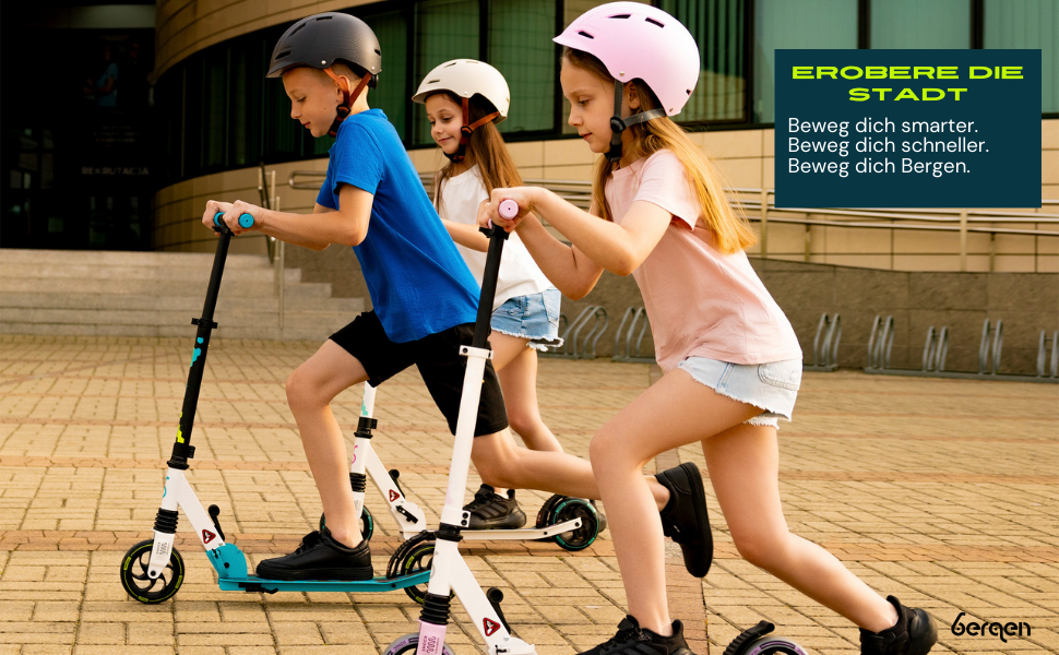 Самокат міський Bergen City Scooter Sonic – алюмінієвий, складаний, колеса PU 145мм, амортизатор, гальмо заднє, регульована висота, для дітей від 5 років, легкий, чорний/білий/синій/зелений