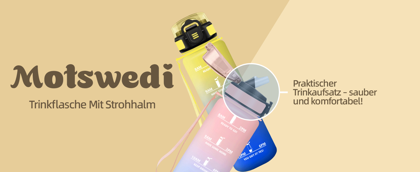 Фляга для води Motswedi з трубочкою, 1500 мл, BPA-Free, спортивна, не протікає, для фітнесу, школи, подорожей, офісу, жовтогаряча. Також доступна 500 мл рожево-блакитна