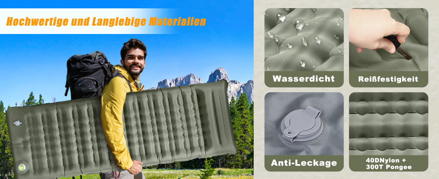 Isomatte Camping Саморозкладаючася, 12 см, Товста Надувна Матрац для Туризму, Водонепроникна Матрац з Ніжкою-Накачувачем та Подушкою, Анти-Тріпстоп Спальник для Піших Походів та Пляжу, Оливковий (Армійний)