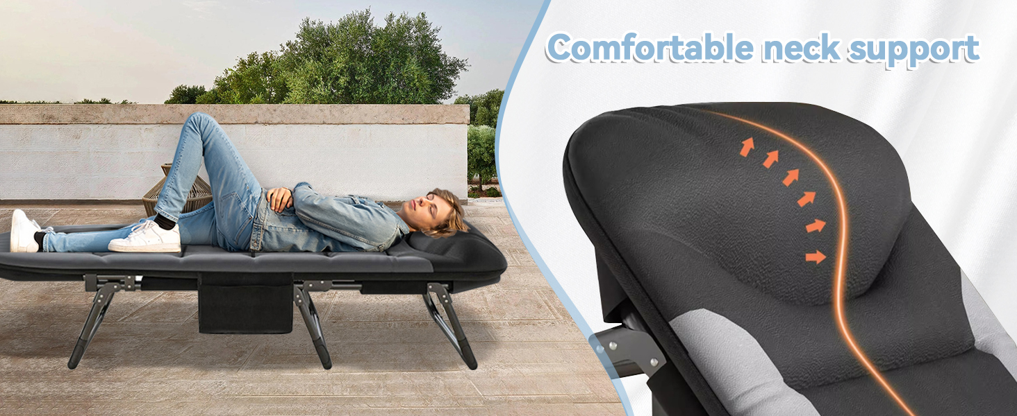 Кемпінгове ліжко AlpineAura - широке, складне, 190x65x30 см, 6 положень, для відпочинку на природі, чорне