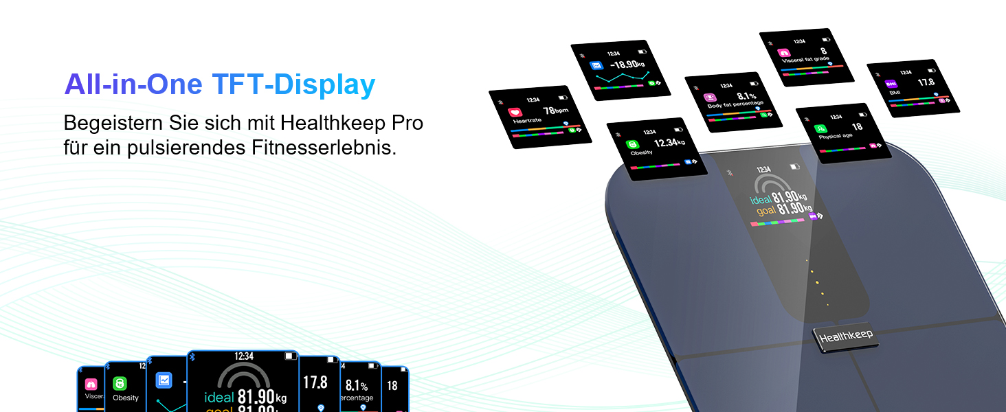 Розумні ваги Healthkeep з Bluetooth, TFT-дисплеєм, ITO, вимірюванням 25 параметрів тіла та пульсу, для Android і iOS, до 180 кг, сині
