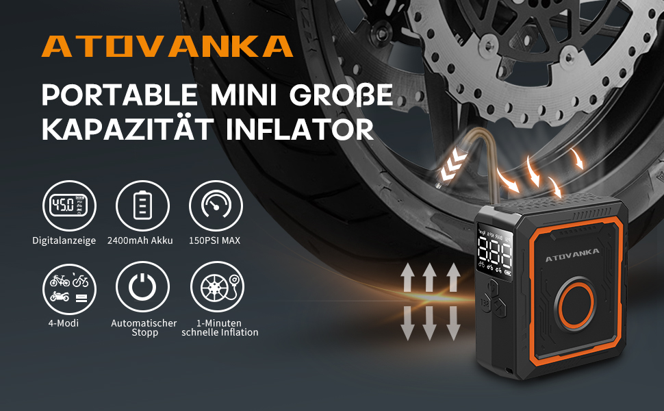 Електричний компресор ATOVANKA 150PSI для велосипеда, авто, мотоцикла та м'ячів, портативний, акумулятор 2400mAh, LED-дисплей
