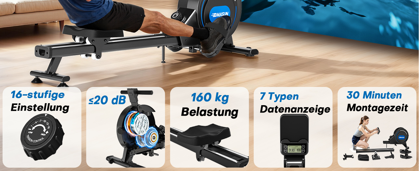 Гребний тренажер DMASUN для дому з магнітною системою опору, 16/32 рівні навантаження, LCD-дисплей, до 160 кг, чорний