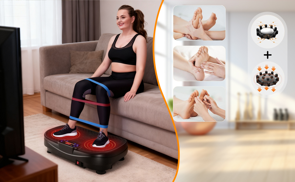 Вібраційна платформа для дому - тренажер для схуднення та формування тіла з 120 рівнями, 5 режимами, з еластичними стрічками та пультом дистанційного керування, для спалювання жиру та нарощування м'язів, ідеально для дому та домашнього спортзалу, чорного кольору