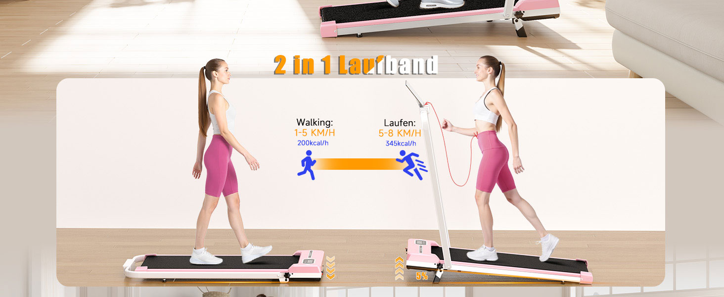 Біговий доріжки Dskeuzeew складний з нахилом - 4 в 1 Walking Pad з 5% нахилом для дому, рожевий