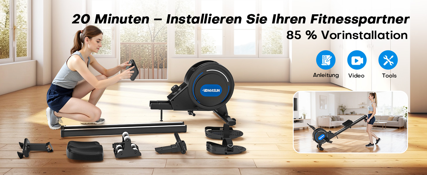 Гребний тренажер DMASUN для дому з магнітною системою опору, 16/32 рівні навантаження, LCD-дисплей, до 160 кг, чорний