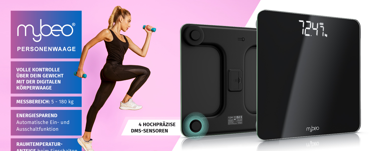 Електронні ваги MyBeo - ваги для тіла зі скла, 5-180 кг, великий LCD дисплей, kg/lb, датчики DMS, скло 6 мм, автоматичне вмикання, чорний колір