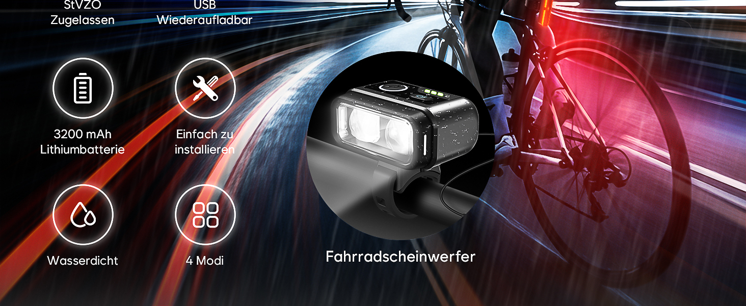 Набір велоліхтарів 100LUX: фара та задній ліхтар з гальмівним сигналом, акумулятор 3200mAh, StVZO, IPX5, для велосипеда, MTB, Ebike