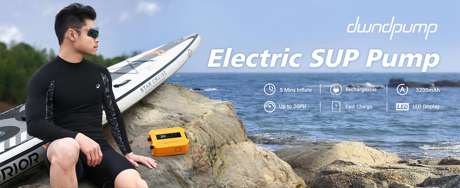 Електричний насос для SUP-дошки dwndpump 20 PSI: інтелектуальний двоступеневий компресор для надування та здування, портативний акумуляторний насос для сапбордів, човнів та кемпінгових наметів, помаранчевий