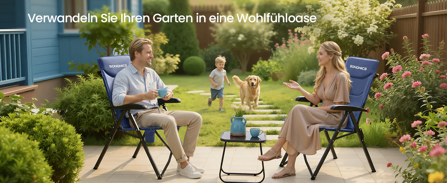 Складний туристичний стілець SONGMICS для відпочинку, риболовлі та кемпінгу, регульована спинка, обертовий підсклянник, блакитний