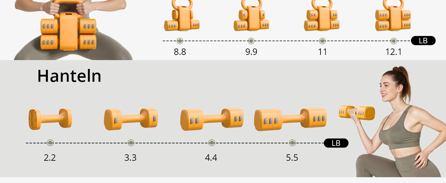 Регульований гантельний набір 2-в-1 для жінок – 4 рівні ваги (1-5.5 кг) – обладнання для фітнесу вдома, зелені гантелі (оранжевий)