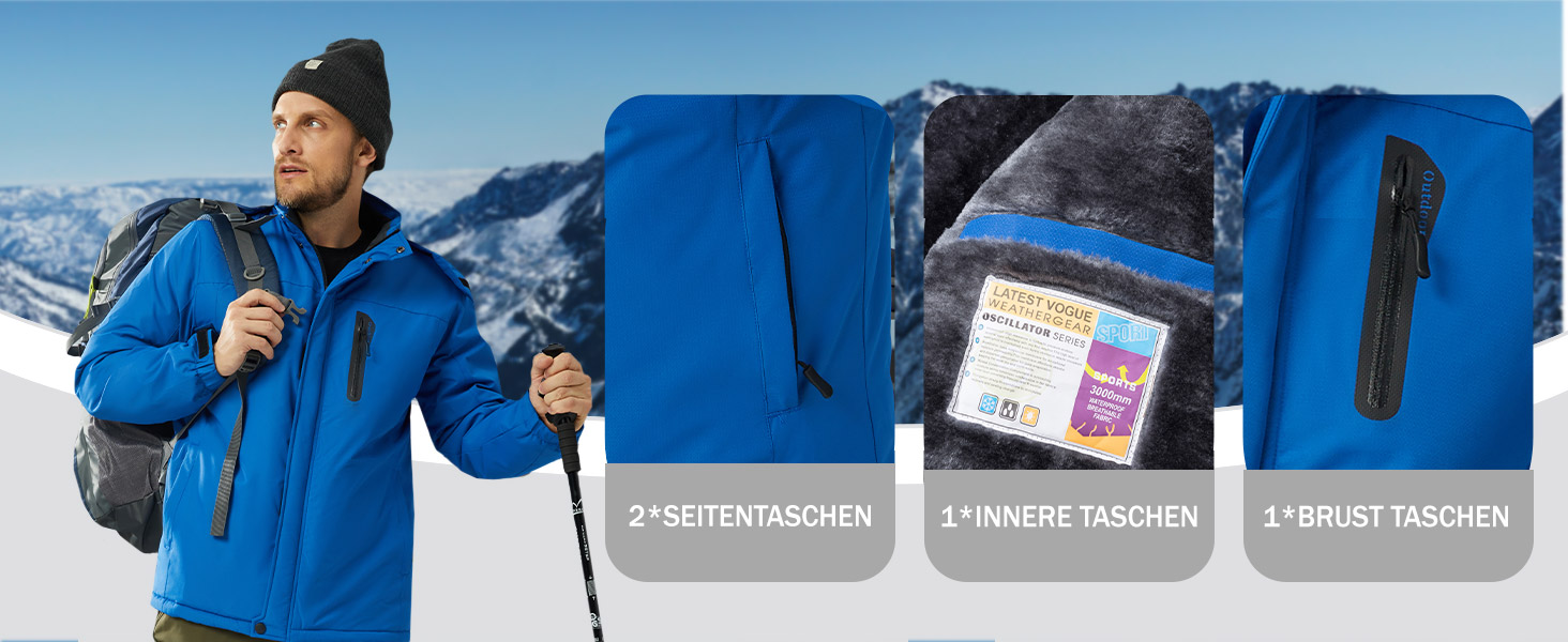 TACVASEN Куртка зимова чоловіча водонепроникна тепла флісова підкладка софтшелл дихаюча функціональна куртка з відстібаною капюшоном XL темно-синій