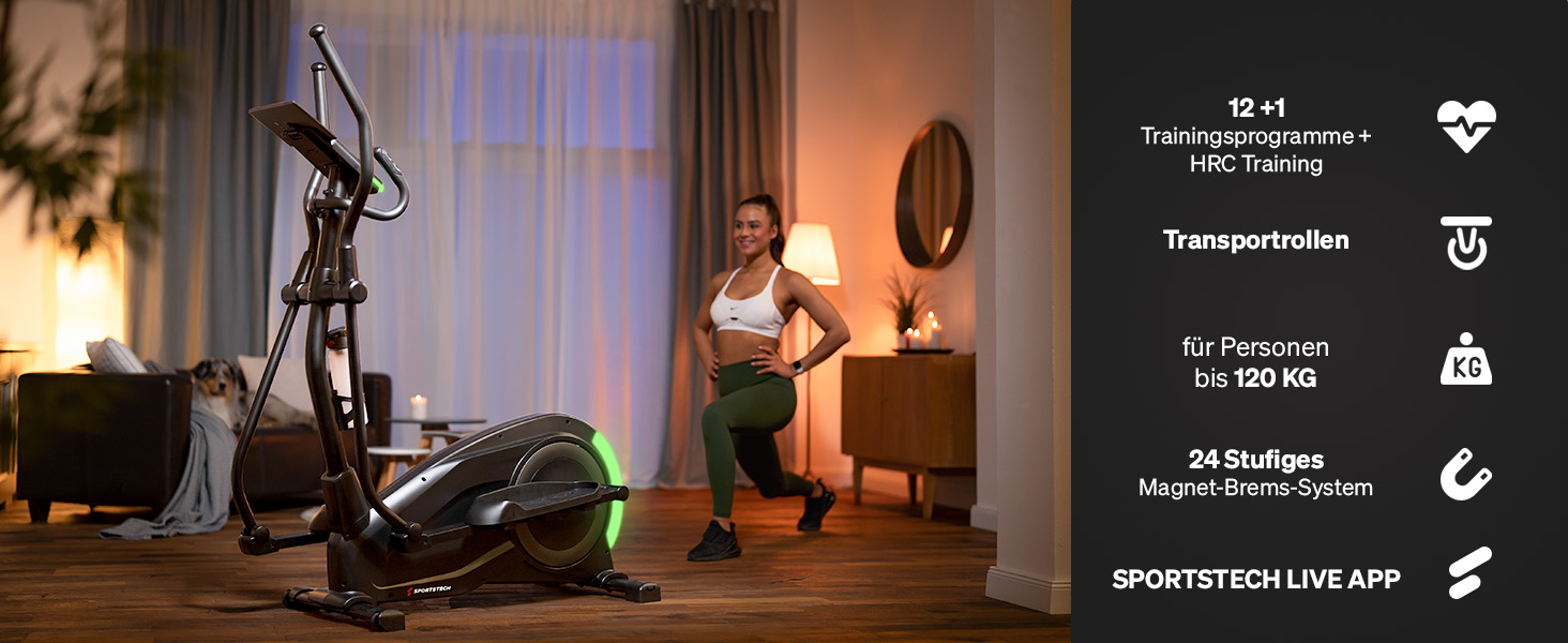 Еліптичний тренажер Sportstech CX700 для дому: 24 кг маховик, 24 рівні опору, LED дисплей, Bluetooth, пульсомір | Чорний