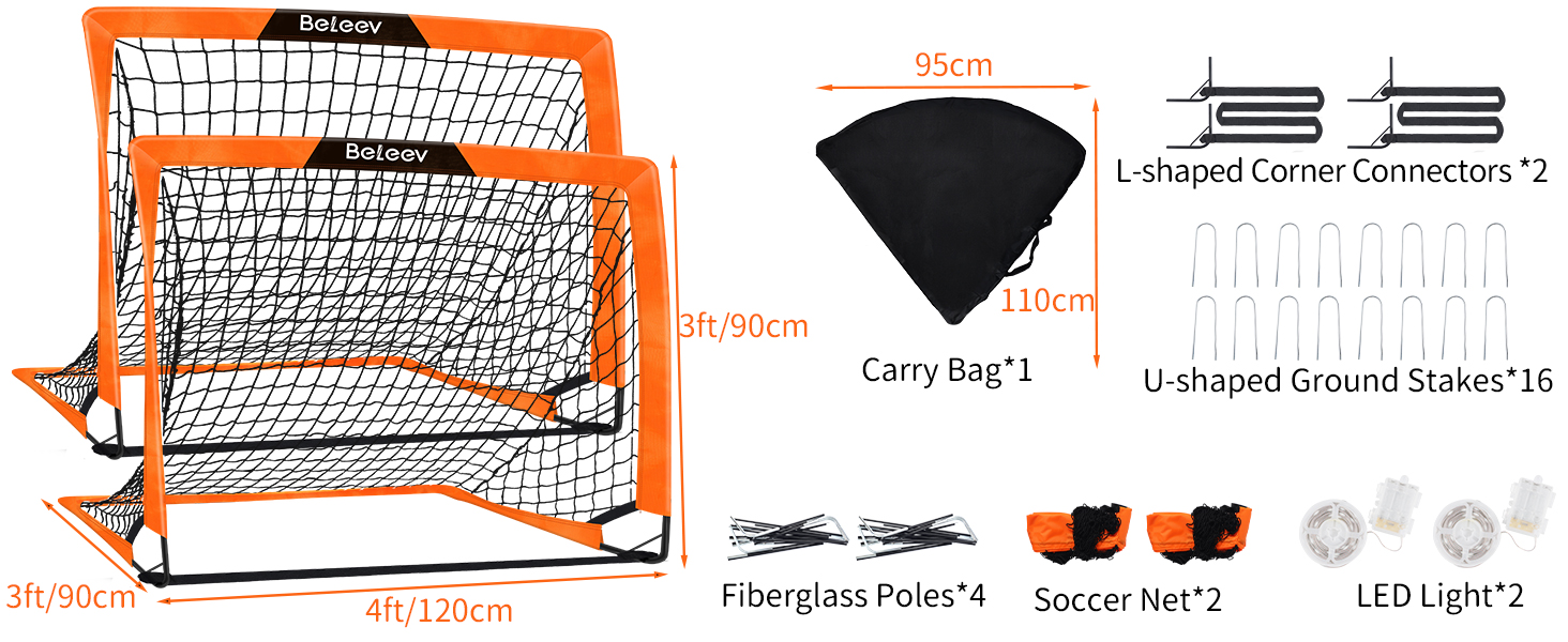 Дитячі футбольні ворота BELEEV для гри в саду та в приміщенні, 4x3/6x4 ft, з LED-підсвічуванням, портативні, складані, комплект з 2 шт., 120*90 см