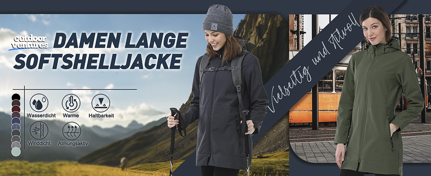 Жіноча подовжена софтшелл куртка Outdoor Ventures з капюшоном, флісовою підкладкою, водонепроникна та вітрозахисна, темно-сіра, розмір L