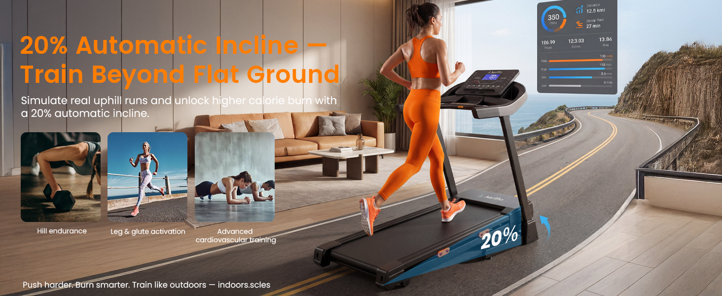 Бігова доріжка Aeriflo T500 Pro для дому: електрична, з нахилом 20%, швидкості до 20 км/год, ширина 51 см, складна, з App та бездротовою зарядкою, до 150 кг