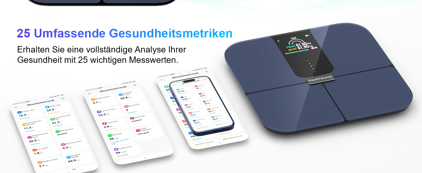 Розумні ваги Healthkeep з Bluetooth, TFT-дисплеєм, ITO, вимірюванням 25 параметрів тіла та пульсу, для Android і iOS, до 180 кг, сині