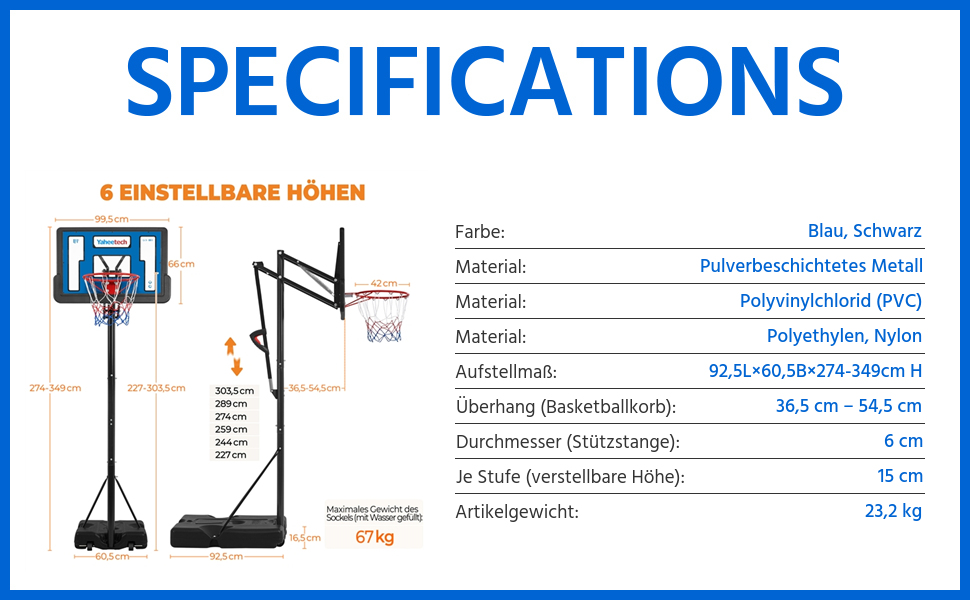 Мобільне баскетбольне кільце Yaheetech Баскетбольна стійка з ручкою Регульована по висоті висота кільця від 227 до 303,5 см Баскетбольна система для внутрішнього та зовнішнього використання Система обручів Регулювання за допомогою ручки