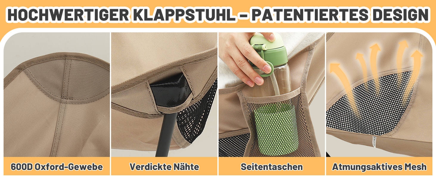 Складний туристичний стільчик для кемпінгу, Ultraleicht, регульована висота, з кишенями, компактний, для пікніків, риболовлі, саду, походів, спорту, відпочинку на природі, чорний