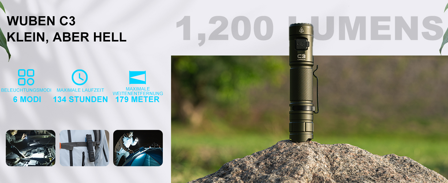 Ліхтарик WUBEN C3 LED: 1200 Люмен, USB-C, IP68, 6 режимів, тактичний, для кемпінгу та надзвичайних ситуацій (зелений)