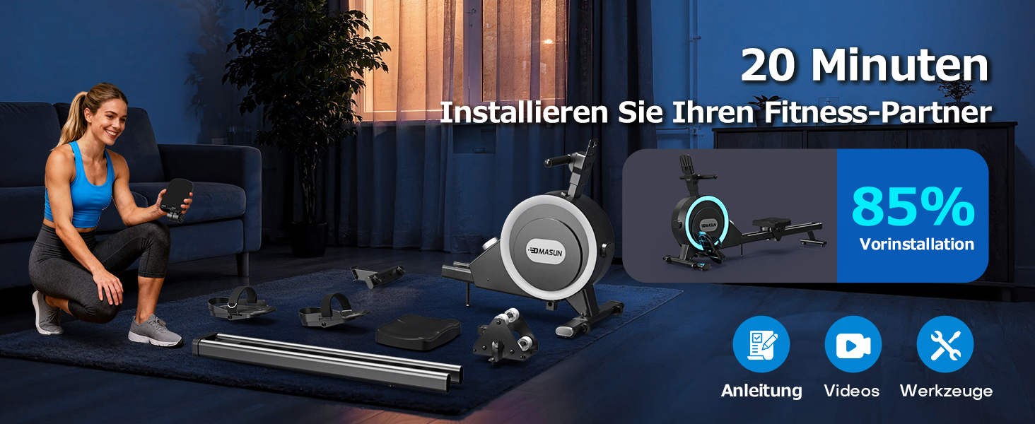 Гребний тренажер DMASUN для дому, [Нова модель 2026] з магнітною системою, покращені рейки подвійного ходу, тиха робота, 16/32 рівні опору, LCD-дисплей, до 160 кг, чорний