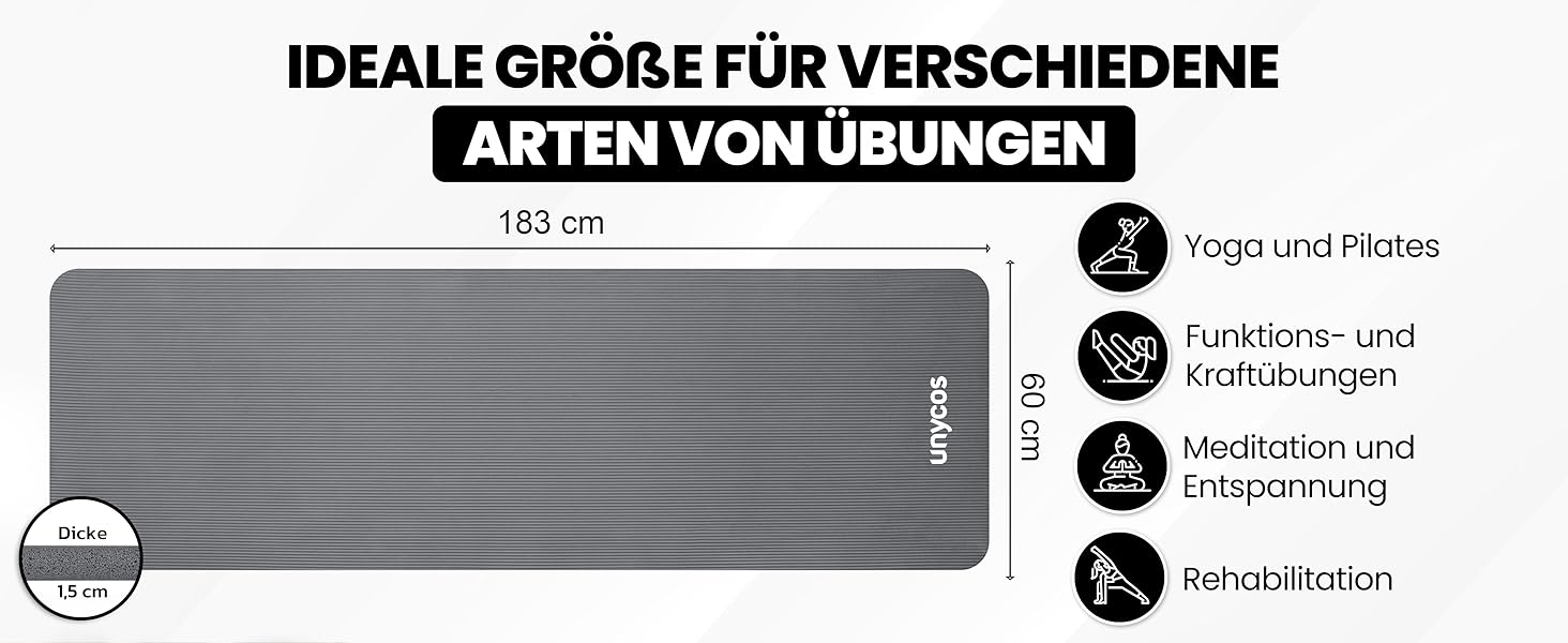 Йога мат Unycos: неслизька, високої щільності (6/10/15 мм) з ременем для перенесення. Підходить для пілатесу, фітнесу та гімнастики. Розмір: 183*60*1.5 см, колір сірий (#10). В комплекті E-Book