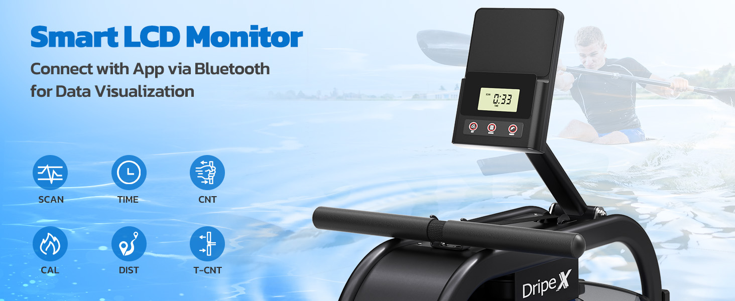 Гребний тренажер для дому з водою, Bluetooth-монітор та кріплення для планшета, 6 рівнів опору, для фітнесу вдома, транспортні колеса