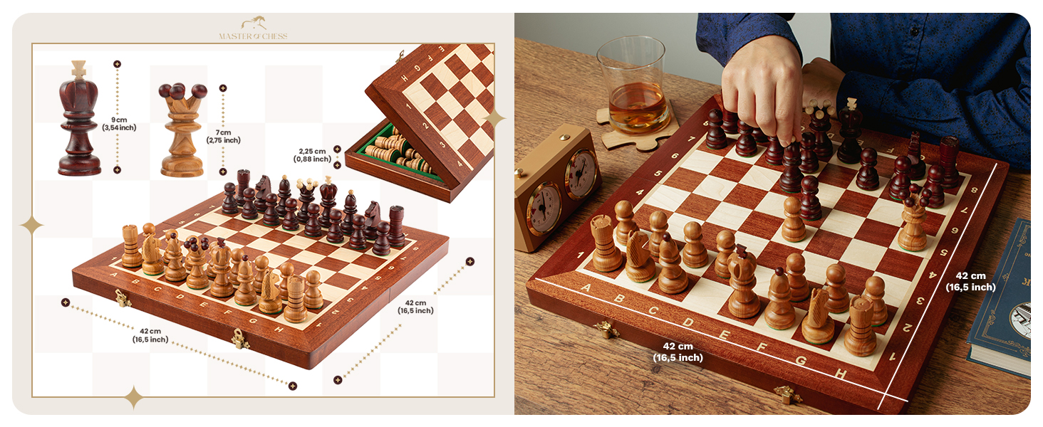 Шаховий набір Intarsien Pearl XL з вишневого дерева | Master of Chess | Шахи 42 см | Класичні шахи для дітей та дорослих - шахове поле та фігури з вишні XL