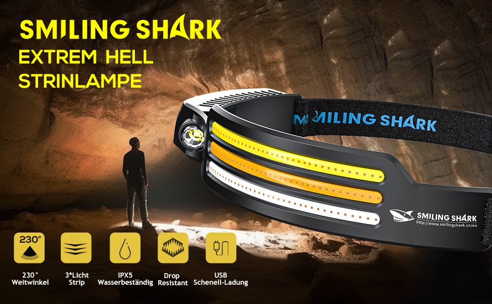 Налобний ліхтар Smiling Shark: 2 шт., 230° кут огляду, 3 LED, біле світло, водонепроникний, для бігу, кемпінгу