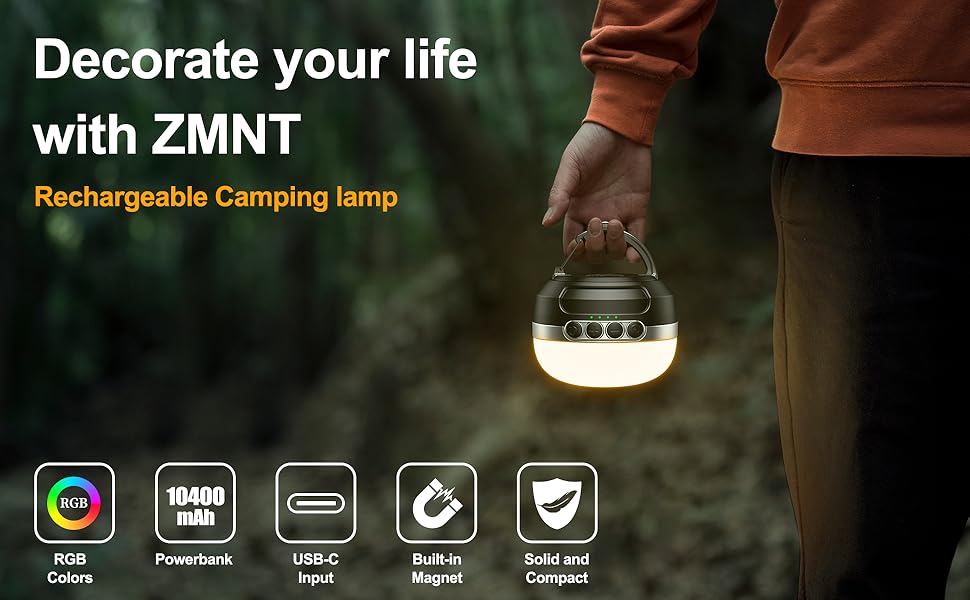 LED кемпінговий ліхтар на акумуляторі 10400mAh, RGB, регулювання яскравості, магнітний, з гачком, для кемпінгу, активного відпочинку, походу, намету, аварійного освітлення. Чорний