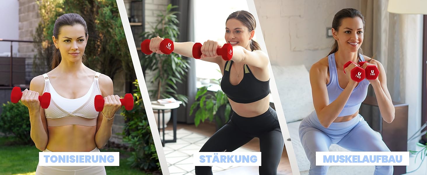 Гантелі неопренові Unycos 2 шт. 1-10 кг, шісткутні, антиковзаючі для фітнесу, силових тренувань, пілатесу та дому (#13 Червоний, 2 x 1 кг)