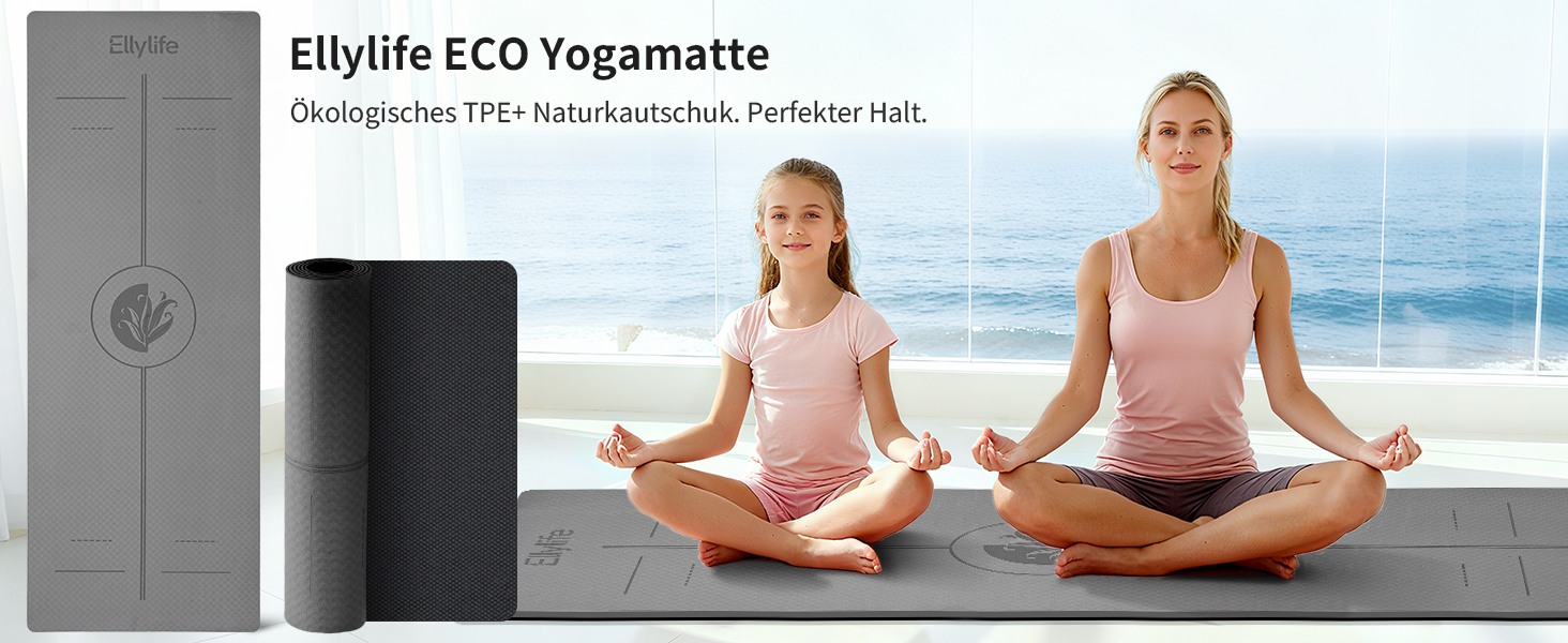 Протиковзкий килимок для йоги та пілатеса з еко-каучуку та TPE, 6мм, сірий — з лініями розмітки та ременем для перенесення