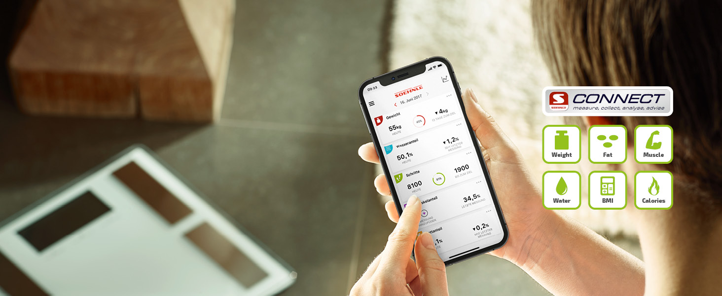 Шкала жиру в організмі Soehnle Shape Sense Connect 100 з Bluetooth, додаток Bathroom Scale plus, шкала аналізу жиру в організмі для BIA Premium Body Analysis, шкала жиру в організмі з додатком і великим РК-дисплеєм