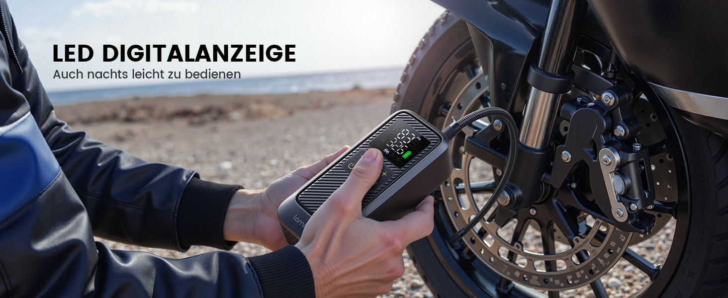 Електричний насос Lamicall для велосипедів, авто, мотоциклів та м'ячів з LED-підсвічуванням - 150 PSI, 5x швидше