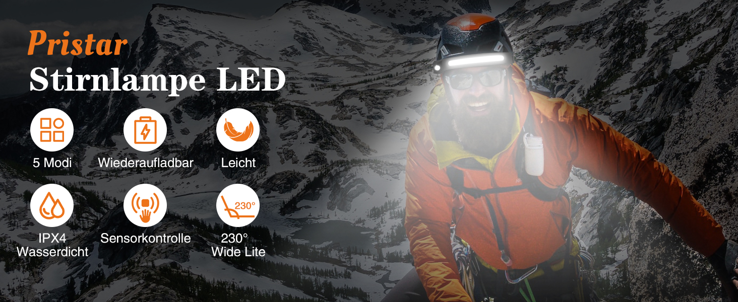Ліхтар налобний LED Pristar, перезаряджається USB-C, водонепроникний, 5 режимів, кут огляду 230°, чорний