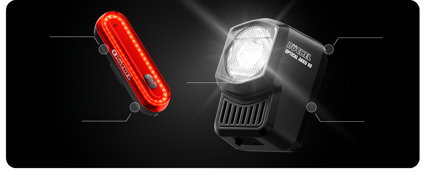 Набір велосипедних ліхтів BÜCHEL: LED, USB-C, 8 годин роботи, 4 режими, StVZO, монтаж без інструментів