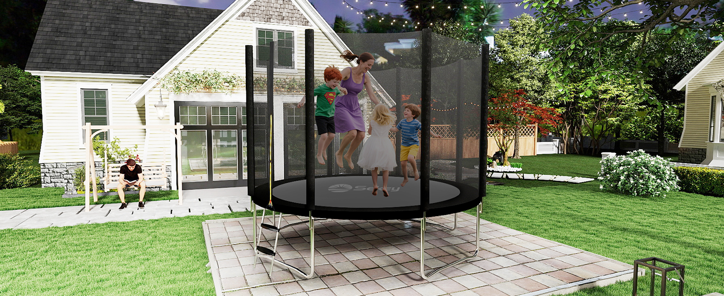 Трамплін Sekey Outdoor Ø 244/305/366 см - сертифікований TÜV Rheinland GS, дитячий, для саду з безпечним мотузковим драбиною, посиленим захисним сіткою та захисним бордюром (Чорний, 366 см/12 футів)