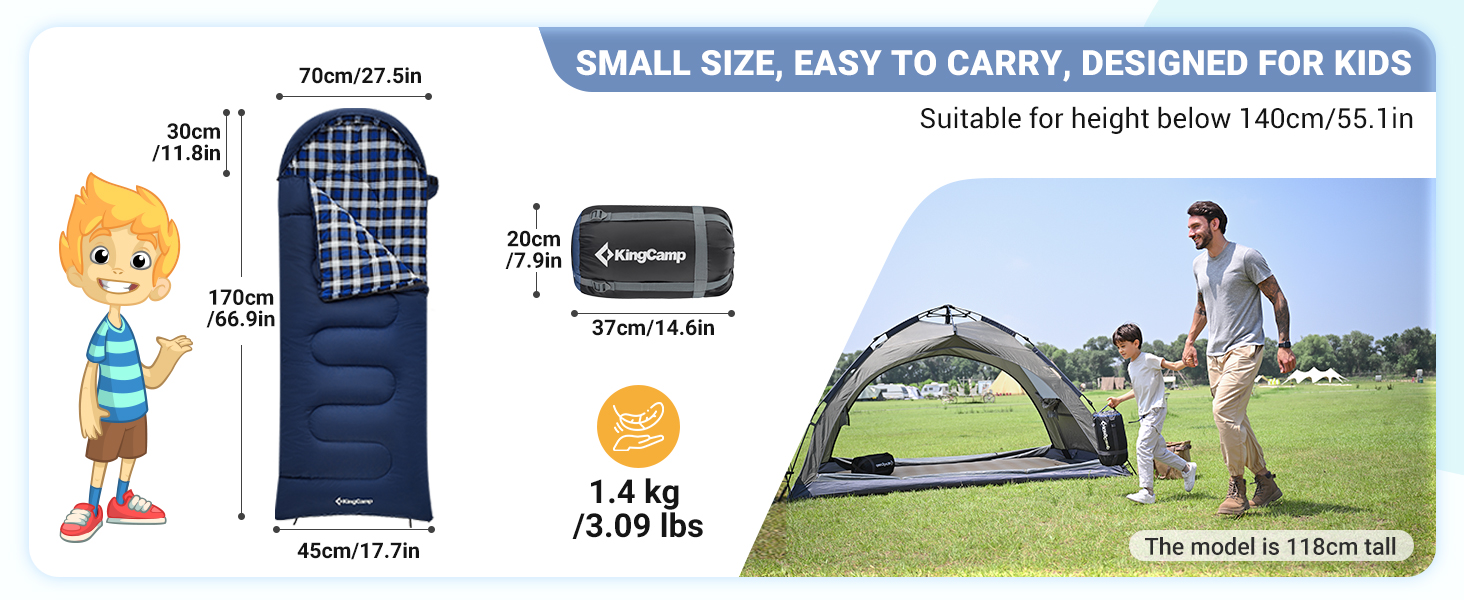 Спальний мішок дитячий KingCamp Flannel, 7°C, Navy, для дітей до 140 см, 4 сезони, водонепроникний, компактний