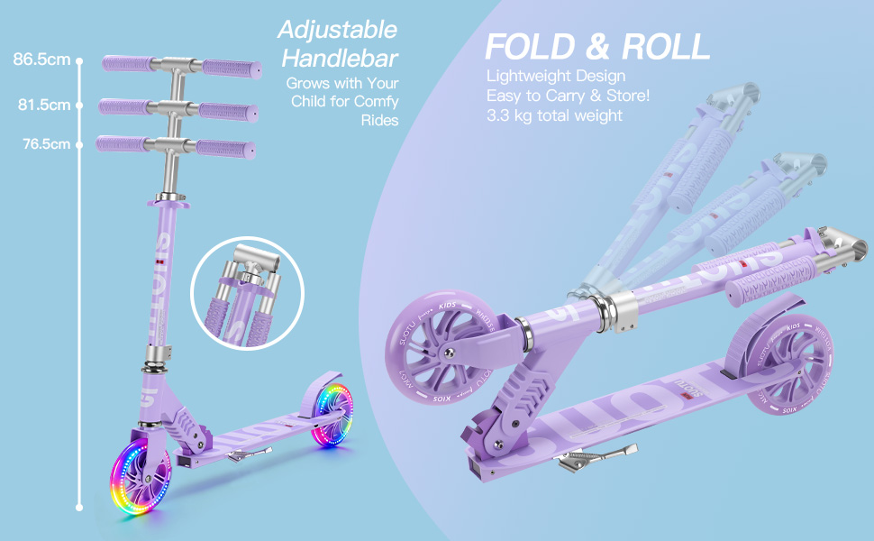 Самокат дитячий SUOTU з колесами 145 мм, до 100 кг, світлодіоди, складаний, регульована висота, для хлопчиків та дівчаток, алюмінієвий (Фіолетовий)