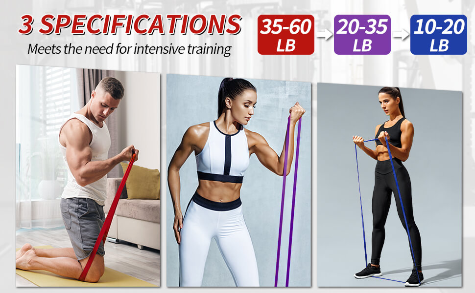 Набір еластичних стрічок для фітнесу AUVIM: 3 рівні опору для силових тренувань, розтяжки, калістеніки, кросфіту, пілатесу, йоги. У комплекті: дверний анкер та сумка для зберігання (блакитний, фіолетовий, червоний)