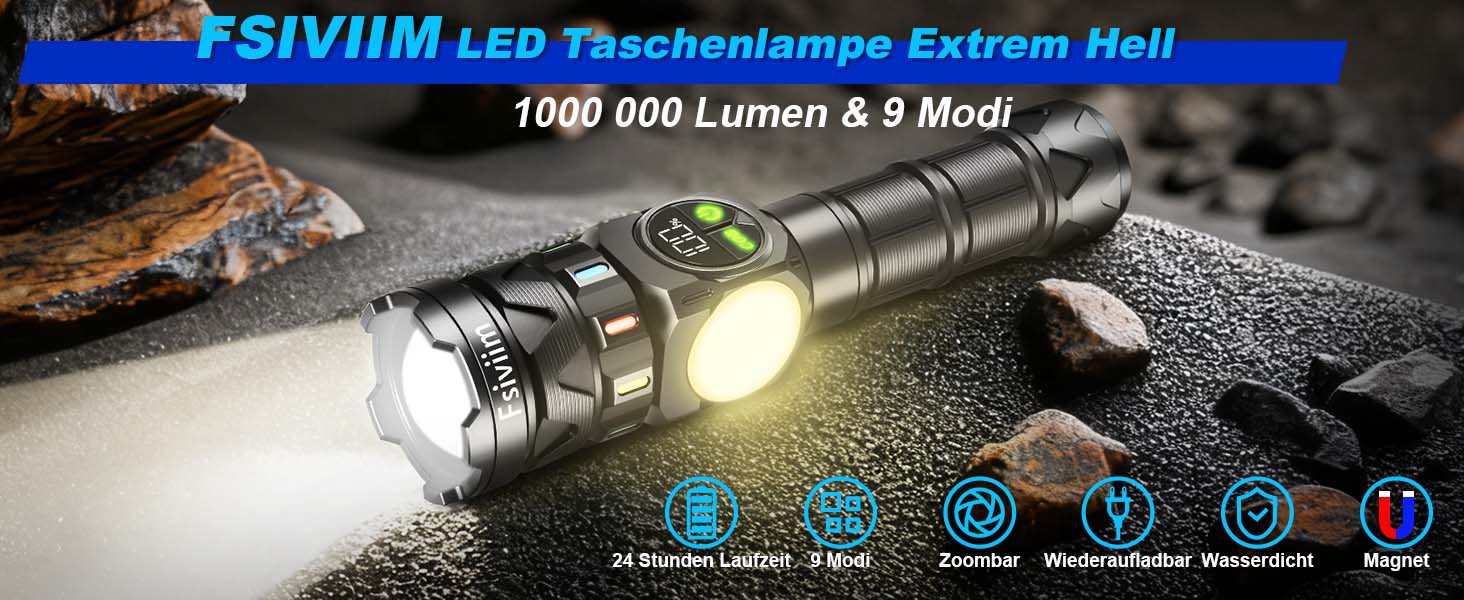 Ліхтарик LED акумуляторний 1000000 люмен 7000mAh Zoom, 9 режимів, тепле світло, матовий чорний