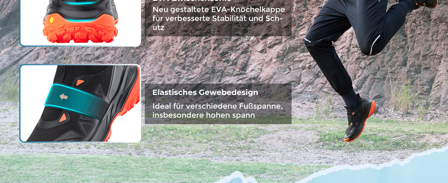 Черевики для хайкінгу FitVille для чоловіків, широкі, трекінгові, slip-on, outdoor, дихаючі, для ходьби, з антиковзкою підошвою, вільні кросівки (45 EU X-широкі, чорно-помаранчеві)