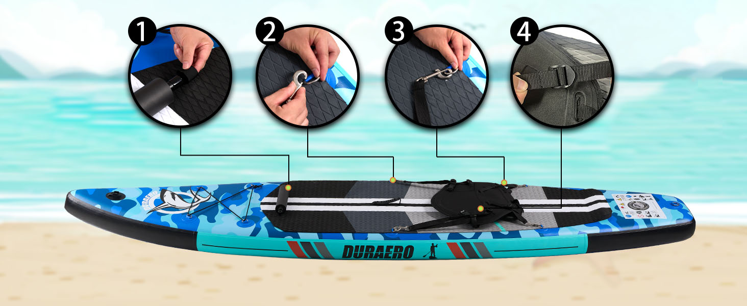 Надувний SUP-борд для веслування стоячи з каяковим сидінням, 330x76x15 см, вантажопідйомність до 150 кг, кріплення Cam, інтегрована підставка для ніг, 3 плавники, регульоване дволопатеве весло, повний комплект аксесуарів, блакитний камуфляж