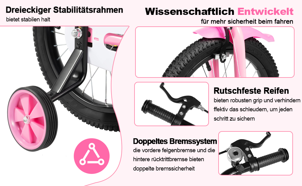 Дитяче велосипед 16 дюймів для хлопчиків та дівчаток, регульована висота, знімні додаткові колеса, рожевий